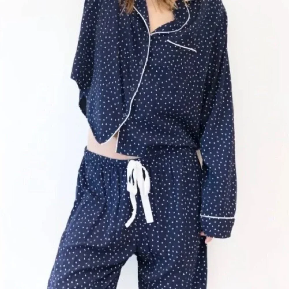Rails Pajamas Set 2 Piece Long Sleeve Top & Pants Mini Hearts Navy Blue Small